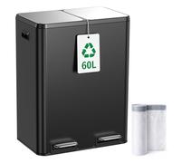 YEAUPE PRO Poubelle Cuisine 60L à Pédale, Poubelle Tri Sélectif 2x30L Double Compartiment Inox, Soft Close Silencieux, Bacs Amovibles, Anti-Odeurs, Grande Poubelle Recyclage avec 15 Sacs (Noir)