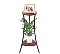 Yedcxup Support de plantes haut à 2 niveaux pour intérieur et extérieur, étagère d'angle ronde en bois avec panneau en noyer et cadre en métal noir, support moderne pour pot de fleurs pour salon