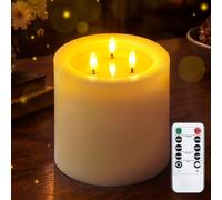 Yeelida 3-Mèches 15x15cm Grandes Bougie LED sans flamme avec télécommande et effet huile de cire, fonction minuterie Blanc Bougie 3D-Mèches en cire véritable fonctionnant sur piles et vacillantes