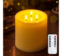 Yeelida 3-Mèches 15x15cm Grandes Bougie LED sans flamme avec télécommande et effet huile de cire, fonction minuterie Ivoire Bougie 3D-Mèches en cire véritable fonctionnant sur piles et vacillantes