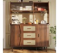 YEHTOKHOME Buffet Cuisine Rétro avec Portes Coulissantes en Verre et Design Rotin, Meuble de Cuisine Rangement 174,5cm, Vaisselier Haut avec 3 Tiroirs et Étagères (Noyer)