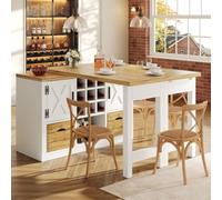 YEHTOKHOME Îlot Central Cuisine avec Rangement et Plan de Travail, Blanc | Table de Bar,Plateau Pivotant 360°,Table à Manger Extensible 120-197 cm,2 Tiroirs et 2 Portes, Support à Vin Amovible,Buffet