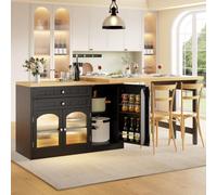 YEHTOKHOME Îlot Central Cuisine avec Rangement et Plan de Travail, Noir | Table de Bar,Plateau Pivotant 360°,Table à Manger Extensible 120-194 cm,2 Tiroir et Étagère Snack, Portes en Verre avec LED