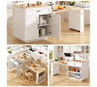 YEHTOKHOME Îlot Central Cuisine avec Roulettes et Rangement (Blanc-3) | Table à Manger Extensible 133-202 cm, Buffet Cuisine avec 2 Tiroir, Étagères Latérales, Table de Bar