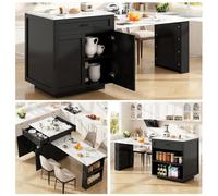 YEHTOKHOME Îlot Central Cuisine avec Roulettes et Rangement (Noir-3) | Table à Manger Extensible 133-202 cm, Buffet Cuisine avec 2 Tiroir, Étagères Latérales, Table de Bar