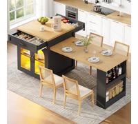 YEHTOKHOME Îlot Central Cuisine Extensible 126-196 cm pour 4-6 Personnes | Table de Bar avec Rangement, 2 Tiroir et 2 Portes Vitrees, Éclairage LED, Étagères réglables, pour Salle à Manger