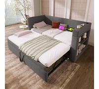 YEHTOKHOME Lit de Jour avec Porte-gobelet et Multifonctionnel lit gigogne,Moderne canapé-lit Simple avec Espace de Rangement,Ports USB et Type-C,Coton Lin(sans Matelas) (Gris, 90x190cm)