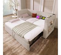 YEHTOKHOME Lit de Jour avec Porte-gobelet et Multifonctionnel lit gigogne,Moderne canapé-lit Simple avec Espace de Rangement,Ports USB et Type-C,Coton Lin(sans Matelas) (Beige, 90x190cm)