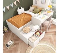 YEHTOKHOME Lit d'enfant 90x200cm,lit Multifonctionnel avec Bureau et 2 tiroirs,lit Simple en Bois Massif,lit de Rangement avec sommier à Lattes(sans Matelas)