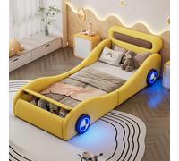 YEHTOKHOME Lits rembourrés 90x200cm Enfants Forme de Voiture,Multifonctionnels lit Simples avec Roues éclairées et Espace de Rangement,PU(sans Matelas) (Jaune)