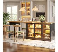 YEHTOKHOME Table de Bar Extensible 120-197cm Éclairage LED Musical,Noir | Îlot Central Cuisine avec Rangement et Plan de Travail,2 Portes en Verre,Table à Manger 360° Rotative,Étagères réglables