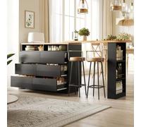 YEHTOKHOME Table de Bar Extensible 137-215cm, Îlot Central Cuisine, Noir | 6 Tiroirs,Buffet Salon avec Étagère Snack et Plateau Pivotant 360° avec Roulettes,Meuble Cuisine,Table Haute Cuisine