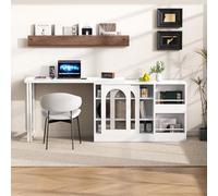 YEHTOKHOME Table de Bar Extensible avec Espace de Rangement, Table Haute Cuisine avec 2 Portes en Verre, Plateau Rotatif 360°, Étagères Réglables, ilot Central Cuisine, pour Petit Espace (A-Blanc)