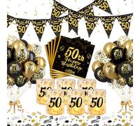 YEJIKJ Décoration Anniversaire 50 Ans, Noir Or: Kit Complet avec Lanternes, Bannières, Serviettes, Ballons, Confettis et Rubans Dorés pour Fête Garçon Fille