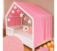 YellowNest Toile de Lit Cabane - Ciel de Lit Cabane 90x190cm 100% Mousseline de Coton - avec Guirlande (Rose Guirlande, 130 x 400 cm)
