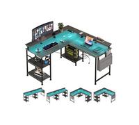 YeMaster Bureau en L, 140x140x85 cm, bureau pour ordinateur de jeu avec prise de courant et bande LED avec support de moniteur et compartiment de