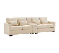 YeMaster Canapé moderne 4 places avec console, 2 porte-gobelets, 2 ports USB (possibilité de chargement par câble) avec poches d'accoudoir et 4 coussins, un canapé minimaliste pour le salon, la maison