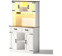 YeMaster Meuble de bar, rangement de cuisine avec éclairage LED et prises, table de bar à café, étagères réglables, blanc