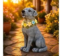 Yeomoo Figurine solaire de chien avec couronne de fleurs éclairée - En résine résistante aux intempéries - Sculpture de chiens assis pour l'extérieur, femmes, hommes, mamans et propriétaires de chiens