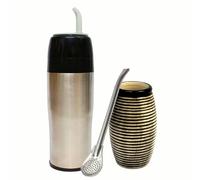 Yerbomos 2.0 Kit thermos pour thé Yerba Mate 350 ml ● Bouteille sous vide ● Paille Bombilla en acier inoxydable ● Tasse en céramique pour thé maté ● Accessoire de voiture portable Vert