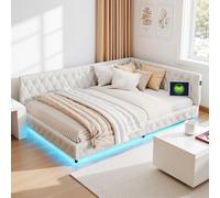 Yeutre Canapé Lit 2 Places 140x200 avec Éclairage LED et Ports USB, Lit Banquette Rembourré Moderne avec Sommier à Lattes, Lits 2 Personners Multifonction pour Adultes et Adolescents, Velours Teddy