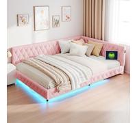 Yeutre Canapé Lit 2 Places 140x200 avec Éclairage LED et Ports USB, Lit Banquette Rembourré Moderne avec Sommier à Lattes, Lits 2 Personners Multifonction pour Adultes et Adolescents, Velours Teddy