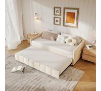 Yeutre Canapé Lit 2 Places Convertible 90x200 cm, Lit Canape 2 Personnes avec Lits Gigogne, Sommier à Lattes, Canapé-lit Extensible pour Adulte et Adolescent, Velours, sans Matelas (Beige)