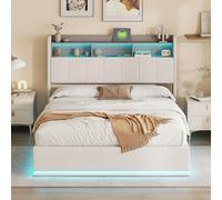 Yeutre Lit Coffre 140x190 avec LED et Port USB, Lit Double avec Étagères Ouvertes, Hydraulique Rangement et Tête de Lits Capitonné, Cadre de Lits 2 Personnes avec Sommier Lattes en Bois pour Adults