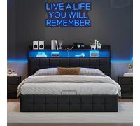 Yeutre Lit Coffre 140x190 avec LED et Ports USB, Lit 2 Personnes avec Rangement et Tete de Lits, Lits Double Rembourré pour Adultes et Adolescents, Noir PU (Noir PU, 140 x 190 cm)
