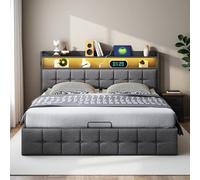 Yeutre Lit Coffre 140x190 avec LED et Ports USB, Lit 2 Personnes avec Rangement et Tete de Lits, Lits Double Rembourré pour Adultes et Adolescents (Lin Gris, 140 x 190 cm)