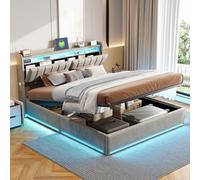 Yeutre Lit Coffre 140x190 avec LED et USB, Lit 140x190 avec Sommier et Rangement, Cadre de Lits Double Capitonné avec Tete de Lits pour Adultes et Adolescent, Velours (Gris 2, 140 x 190 cm)