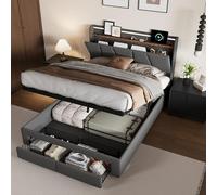 Yeutre Lit Coffre 140x190 avec Rangement, Lit 2 Personnes avec 2 Tiroirs, LED et USB, Tête de Lits Capitonné avec Rangement Caché et Étagères Ouvertes, Cadre de Lits pour Adultes et Adolescents