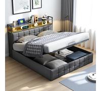 Yeutre Lit Coffre 140x200 avec LED et Ports USB, Lit 2 Personnes avec Rangement et Tete de Lits, Lits Double Rembourré pour Adultes et Adolescents (Lin Gris, 140 x 200 cm)