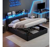 Yeutre Lit Coffre 140x200 avec LED et Ports USB, Lit 2 Personnes avec Rangement et Tete de Lits, Lits Double Rembourré pour Adultes et Adolescents, Noir PU (Noir PU, 140 x 200 cm)