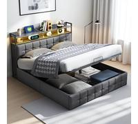 Yeutre Lit Coffre 160x200 avec LED et Ports USB, Lit 2 Personnes avec Rangement et Tete de Lits, Lits Double Rembourré pour Adultes et Adolescents (Lin Gris, 160 x 200 cm)