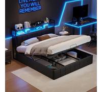 Yeutre Lit Coffre 160x200 avec LED et Ports USB, Lit Double Rembourré avec Rangement et Tete de Lits, Lits 2 Places avec sommier pour Adultes et Adolescents (sans Matelas) (Noir PU, 160 x 200 cm)