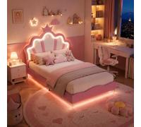 Yeutre Lit Enfant Fille 140x190 cm, Lit Princesse avec LED, Tête de Lits Réglable en Hauteur en Forme De Couronne, Lits 1 Personne Rembourré pour Fille Adolescent, Sommier à Lattes, PU