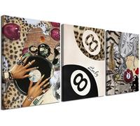 YFvrPt Lot de 3 décorations murales tendance léopard - Décoration murale esthétique, fille noire 8 balles - Impression sur toile - Œuvre d'art funky porte-bonheur pour chambre à coucher et salon