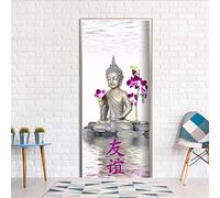 YFXGSTLI Bouddha avec Jolie Orchidée 3D Stickers De Porte Poster De Décoration De Chambre À Coucher PVC Imperméable Autocollants Porte 90X200Cm