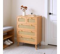 YGHQAP Commode en Rotin à 5 Tiroirs, Meuble De Rangement Style Bohème, Commode Chambre, Meuble en Rotin, en Bois, Armoire Polyvalente pour Chambre, Salon Et Couloir (Commode 5 Tiroirs)