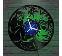 YH Horloge Murale en Vinyle Singe dans la forêt, Horloge Murale en Vinyle silencieuse et sans tic-tac(B、avec lumière LED)