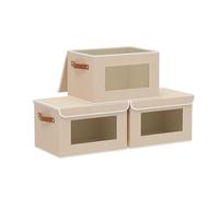 YheenLf Lot de 3 Boîte de Rangement avec Couvercle, Beige, 26×20×17cm | Rangement Dressing Vetement, Boite et Poignée, Panier avec Fenêtre Transparente, pour Chambre à Coucher, Armoire
