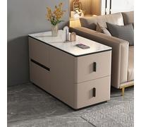 YHHLWXMDZ Table D'appoint pour Canapé avec 4 Tiroirs, Structure en Bois Massif et Plateau en Dalle de Pierre, Revêtue de Cuir Microfibre, pour Salon, Chambre et Bureau(Khaki,Left 80cm/31.5in)