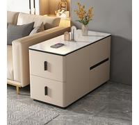 YHHLWXMDZ Table D'appoint pour Canapé avec 4 Tiroirs, Structure en Bois Massif et Plateau en Dalle de Pierre, Revêtue de Cuir Microfibre, pour Salon, Chambre et Bureau(Cream,Right 80cm/31.5in)