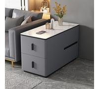 YHHLWXMDZ Table D'appoint pour Canapé avec 4 Tiroirs, Structure en Bois Massif et Plateau en Dalle de Pierre, Revêtue de Cuir Microfibre, pour Salon, Chambre et Bureau(Gray-Blue,Right 80cm/31.5in)