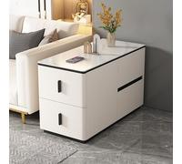 YHHLWXMDZ Table D'appoint pour Canapé avec 4 Tiroirs, Structure en Bois Massif et Plateau en Dalle de Pierre, Revêtue de Cuir Microfibre, pour Salon, Chambre et Bureau(Off-White,Right 90cm/35.4in)