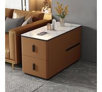 YHHLWXMDZ Table D'appoint pour Canapé avec 4 Tiroirs, Structure en Bois Massif et Plateau en Dalle de Pierre, Revêtue de Cuir Microfibre, pour Salon, Chambre et Bureau(Orange,Right 90cm/35.4in)