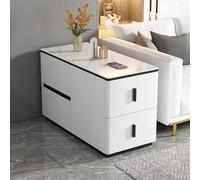 YHHLWXMDZ Table D'appoint pour Canapé avec 4 Tiroirs, Structure en Bois Massif et Plateau en Dalle de Pierre, Revêtue de Cuir Microfibre, pour Salon, Chambre et Bureau(White,Left 80cm/31.5in)