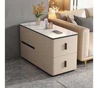 YHHLWXMDZ Table D'appoint pour Canapé avec 4 Tiroirs, Structure en Bois Massif et Plateau en Dalle de Pierre, Revêtue de Cuir Microfibre, pour Salon, Chambre et Bureau(Cream,Left 80cm/31.5in)