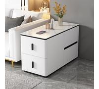 YHHLWXMDZ Table D'appoint pour Canapé avec 4 Tiroirs, Structure en Bois Massif et Plateau en Dalle de Pierre, Revêtue de Cuir Microfibre, pour Salon, Chambre et Bureau(White,Right 90cm/35.4in)